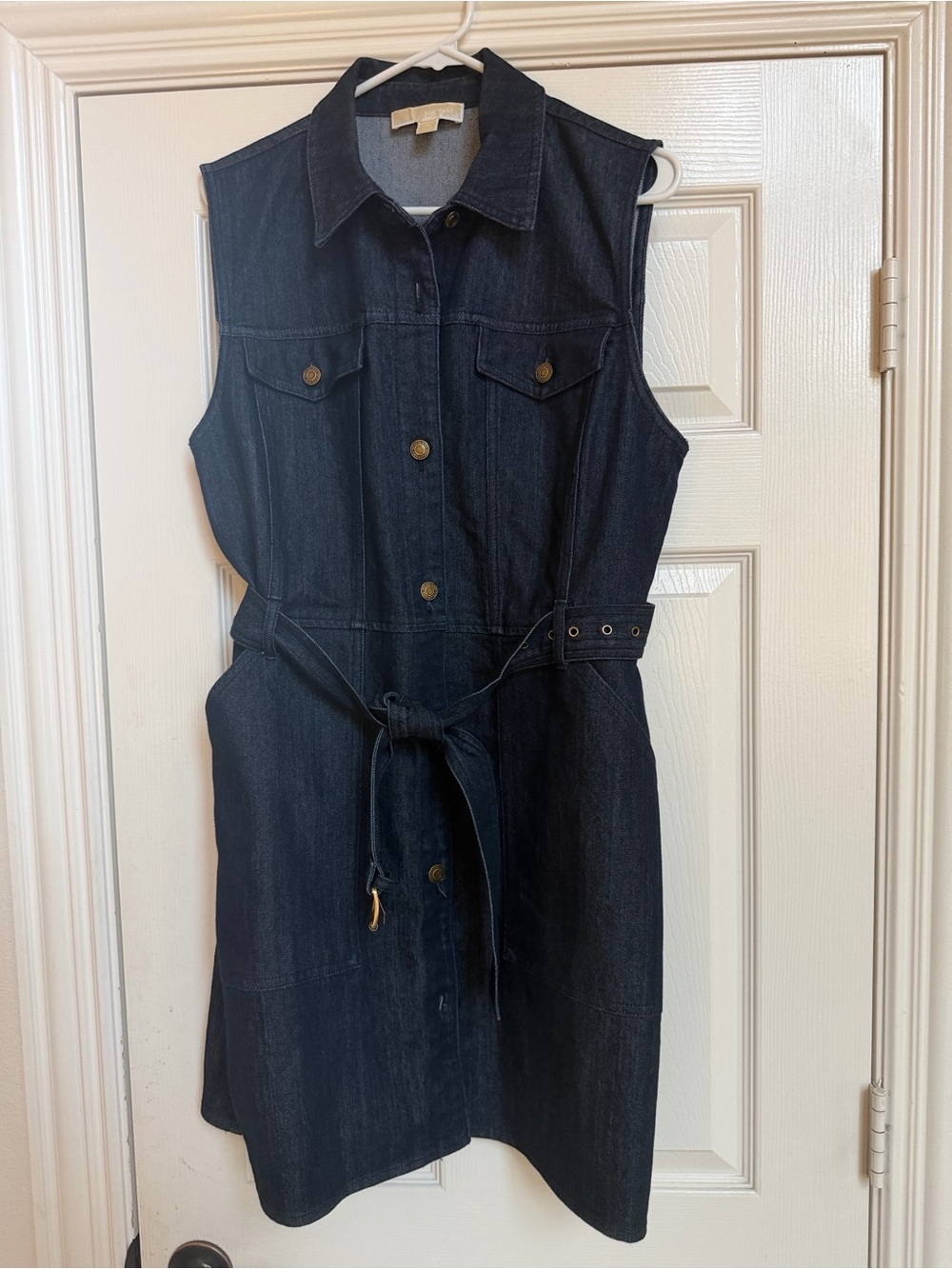 Michael Kors Dark Blue Sleeveless Denim Shirt Dress with Tie Belt